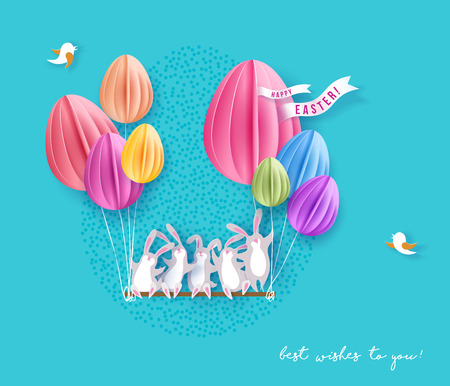 Happy Easter card with bunny, flowers and egg air balloon on blue sky background. Vector illustration. Paper cut and craft style.のイラスト素材