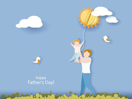 Handsome man with his son. Happy fathers day card. Paper cut style. Vector illustrationのイラスト素材