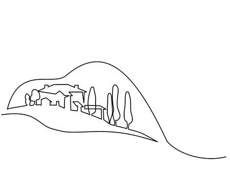 Continuous line drawing. Landscape with village on hill. Vector illustration. Concept for logo, card, banner, poster, flyerのイラスト素材