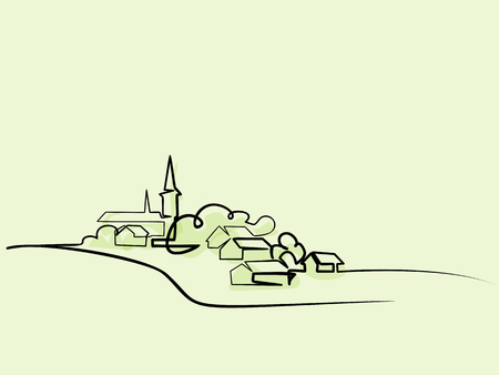 Continuous line drawing. Landscape with village on hill. Vector color illustration. Concept for logo, card, banner, poster, flyerのイラスト素材