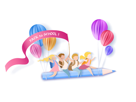 Back to school 1 september card. Children flying on pencil with air balloons on white background. Paper cut style. Vector illustrationのイラスト素材