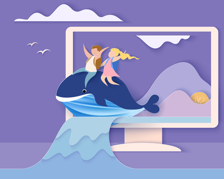Back to school 1 september card. Monitor screen with mountains, waterfall and children sitting on whale. Paper cut style. Vector illustrationのイラスト素材