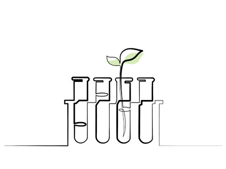 Continuous one line drawing. Chemical lab retorts with sprout plant. Vector illustrationのイラスト素材