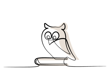 Continuous one line drawing. School wise Owl sitting on book. Vector illustrationのイラスト素材