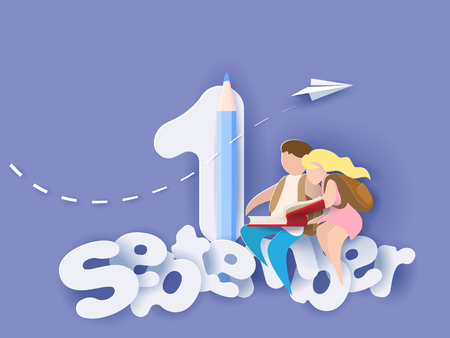 Back to school 1 september card with boy and girl reading book and sitting on cloud. Vector illustration. Paper cut and craft style.のイラスト素材