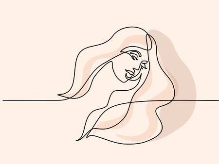 Continuous one line drawing. Abstract portrait of pretty young woman with beautiful hair. Vector soft color illustrationのイラスト素材