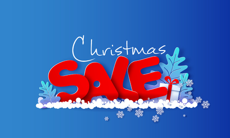 Christmas Gift Voucher Coupon discount with gift box and big letters SALE on blue background. Vector paper cut art illustration for promotion banners, headers, posters, stickers and labelsのイラスト素材