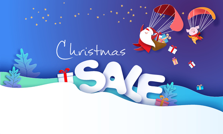 2019 New Year advertising design. Santa Claus and funny pig Flying with Parachute over big letters SALE blue background. Vector paper art illustration for promotion banners, headers, posters, stickersのイラスト素材