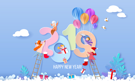 2019 New Year design card with kids on blue winter background. Vector illustration. Paper cut and craft style.のイラスト素材
