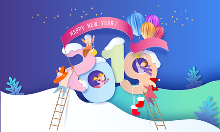 2019 New Year design card with kids on purple background. Vector illustration. Paper cut and craft style.のイラスト素材