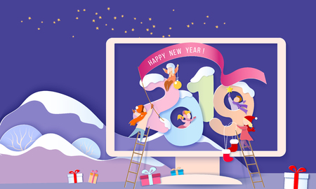 Happy 2019 New Year design card with children with big digits in Monitor screen with mountains. Paper cut style. Vector illustrationのイラスト素材