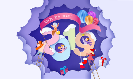 2019 New Year design card with children over big digits on purple background. Vector illustration. Paper cut and craft style.のイラスト素材