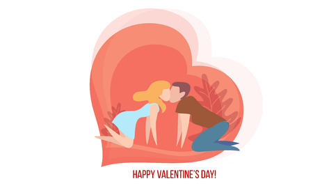 Valentines day card with couple kissing in love heart on red background. Vector art illustration. Flat style.のイラスト素材