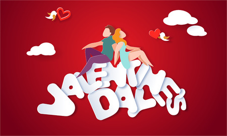 Valentines day card with couple sitting and holding hands on big letters with red background. Vector paper art illustration. Paper cut and craft style.のイラスト素材