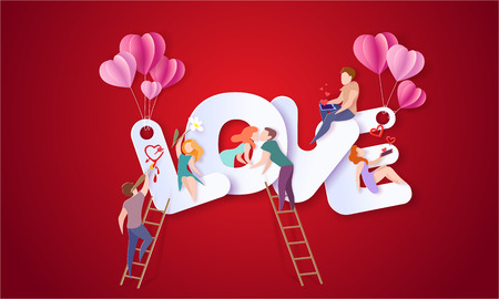 Valentines day card with couple sitting on big letters LOVE and sending red hearts with their smartphones, kissing and painting. Vector paper art illustration. Paper cut and craft style.のイラスト素材