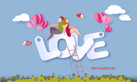 Valentines day card with couple sitting on big letters LOVE on blue sky background. Vector paper art illustration. Paper cut style.のイラスト素材