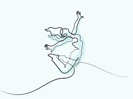 Continuous Line of various widths drawing. Happy jumping woman. Vector illustrationのイラスト素材