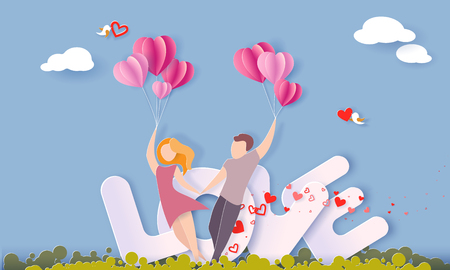 Valentines day card with couple holding hands in love running on green grass with air balloons. Vector paper art illustration. Paper cut and craft style.のイラスト素材