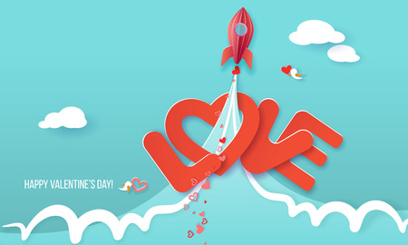 Valentines day card. Rocket start up and fly over big letters LOVE on blue sky background. Vector paper art illustration. Paper cut and craft style.のイラスト素材