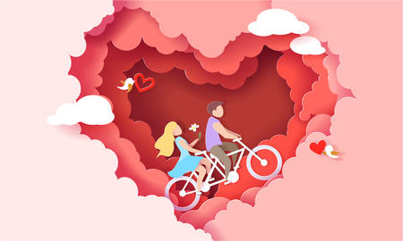 Valentines day card with couple riding bicycle inside red clouds heart shaped. Vector paper art illustration. Paper cut and craft style.のイラスト素材