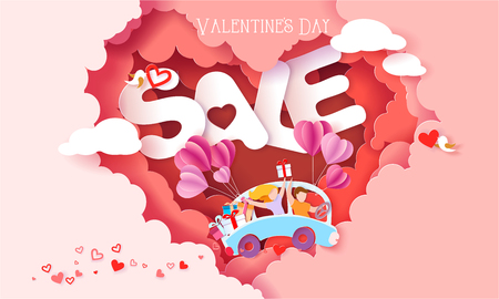 Valentines day sale card. Couple driving blue bus with balloons inside red clouds heart shaped and letters SALE. Vector illustration. Paper cut style.のイラスト素材