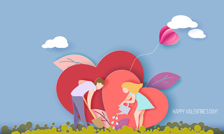 Valentine s day card with couple take care of love heart plant with air balloon. Vector paper art illustration. Paper cut and craft style.のイラスト素材