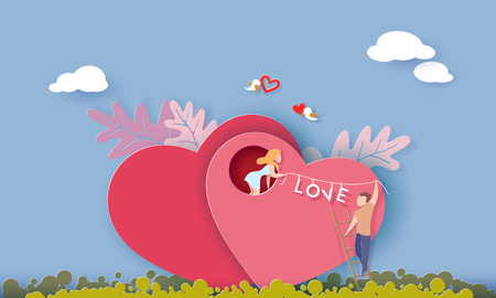 Valentine s day card with couple holding word love on red heart. Vector paper art illustration. Paper cut and craft style.のイラスト素材