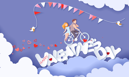 Happy Valentine s day card with couple riding bicycle over big letters on blue sky background. Vector paper art illustration. Paper cut and craft style.のイラスト素材