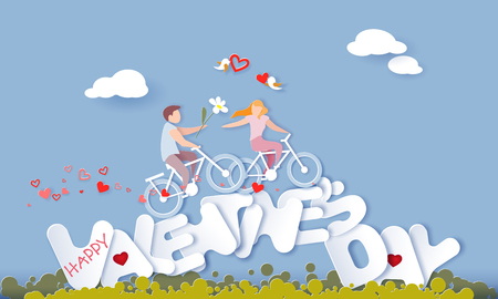Happy Valentine s day card with couple riding bicycle over big letters on blue sky background. Vector paper art illustration. Paper cut and craft style.のイラスト素材