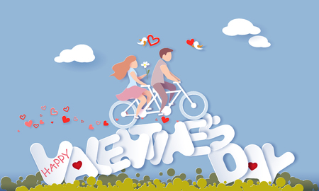 Happy Valentine s day card with couple riding bicycle over big letters on blue sky background. Vector paper art illustration. Paper cut and craft style.のイラスト素材