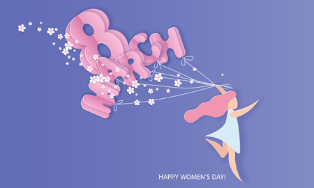 Happy 8 March womens day card. Woman with flowers and air balloons shaped as big eight and letters MARCH on blue background. Vector paper illustrationのイラスト素材