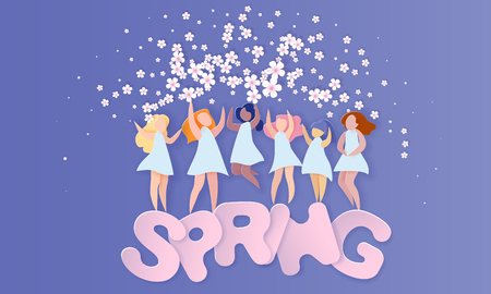 Happy 8 March womens day card. Different ethnicity Women with flowers jumping on big letters SPRING on blue background. Vector paper illustrationのイラスト素材