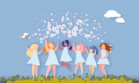 Happy 8 March womens day card. Different ethnicity Women with flowers jumping on big letters SPRING on blue background. Vector paper illustrationのイラスト素材