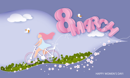 Happy 8 March womens day card. Woman riding bicycle with flowers and air balloons shaped as big letters on blue background. Vector paper illustrationのイラスト素材