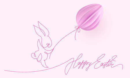 Happy Easter. Cute rabbit with air balloon shaped as egg. Vector paper desing illustration. Continuous one line style.のイラスト素材