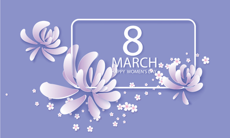 Happy womens day 8 March card. Flowers banner in purple colors with big letters. Vector illustration 3d paper cut desing style.のイラスト素材