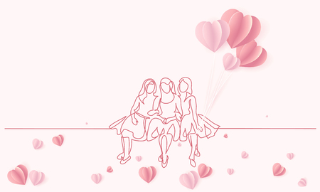 Happy 8 March womens day card. Continuous one line drawing. Friends girls sitting together with ait balloons shaped as heart. Vector illustrationのイラスト素材