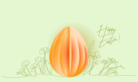 Happy Easter card. Hand drawn flowers with paper cut egg. Vector paper design illustration. Continuous one line style.のイラスト素材