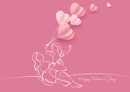 Happy Mother day card. Continuous one line drawing. Woman hold her baby with air balloons shaped as heart. Vector illustrationのイラスト素材