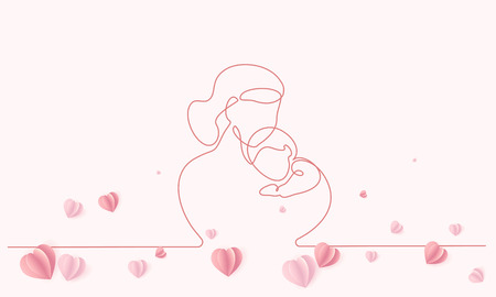 Happy Mother day card. Continuous one line drawing. Woman hold her baby with air balloons shaped as heart. Vector illustrationのイラスト素材