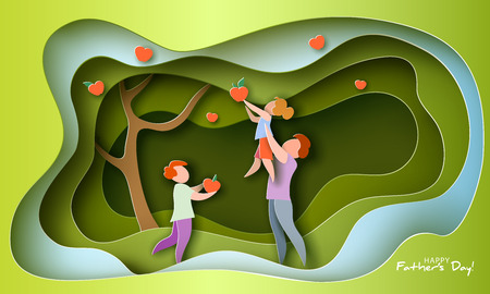 Father lifting up his daughter for apple fruit picking. Happy fathers day card. Flat style. Vector illustrationのイラスト素材