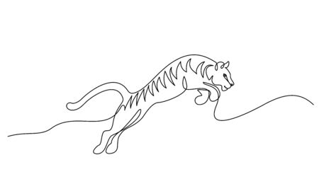 Continuous one line drawing. Tiger jumping. Vector illustrationのイラスト素材
