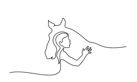 Continuous one line drawing. Horse and woman heads logo. Black and white vector illustration. Concept for logo, card, banner, poster, flyerのイラスト素材