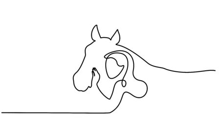 Continuous one line drawing. Horse and woman heads logo. Black and white vector illustration. Concept for logo, card, banner, poster, flyerのイラスト素材