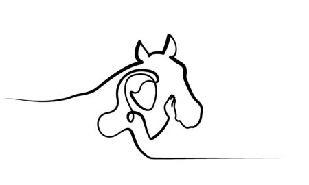 Continuous one line drawing. Horse and woman heads logo. Black and white vector illustration. Concept for logo, card, banner, poster, flyerのイラスト素材