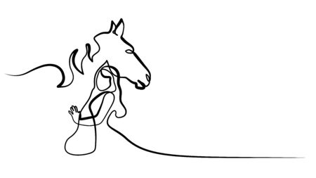 Continuous one line drawing. Horse and woman heads . Black and white vector illustration.のイラスト素材