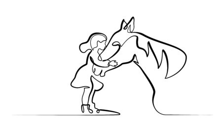 Continuous one line drawing. Horse and woman heads . Black and white vector illustration.のイラスト素材