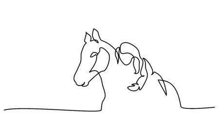 Continuous one line drawing. Girl lying horse. Black and white vector illustration.のイラスト素材