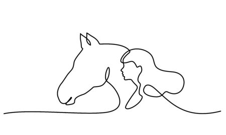 Continuous one line drawing. Horse and woman heads . Black and white vector illustration.のイラスト素材
