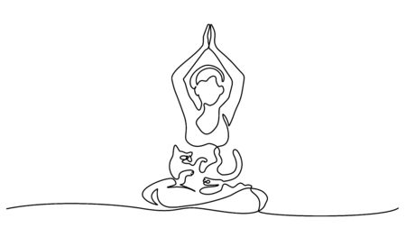 Continuous one line drawing. Woman sitting cross legged meditating, cat sleeping in her lap. Vector illustrationのイラスト素材